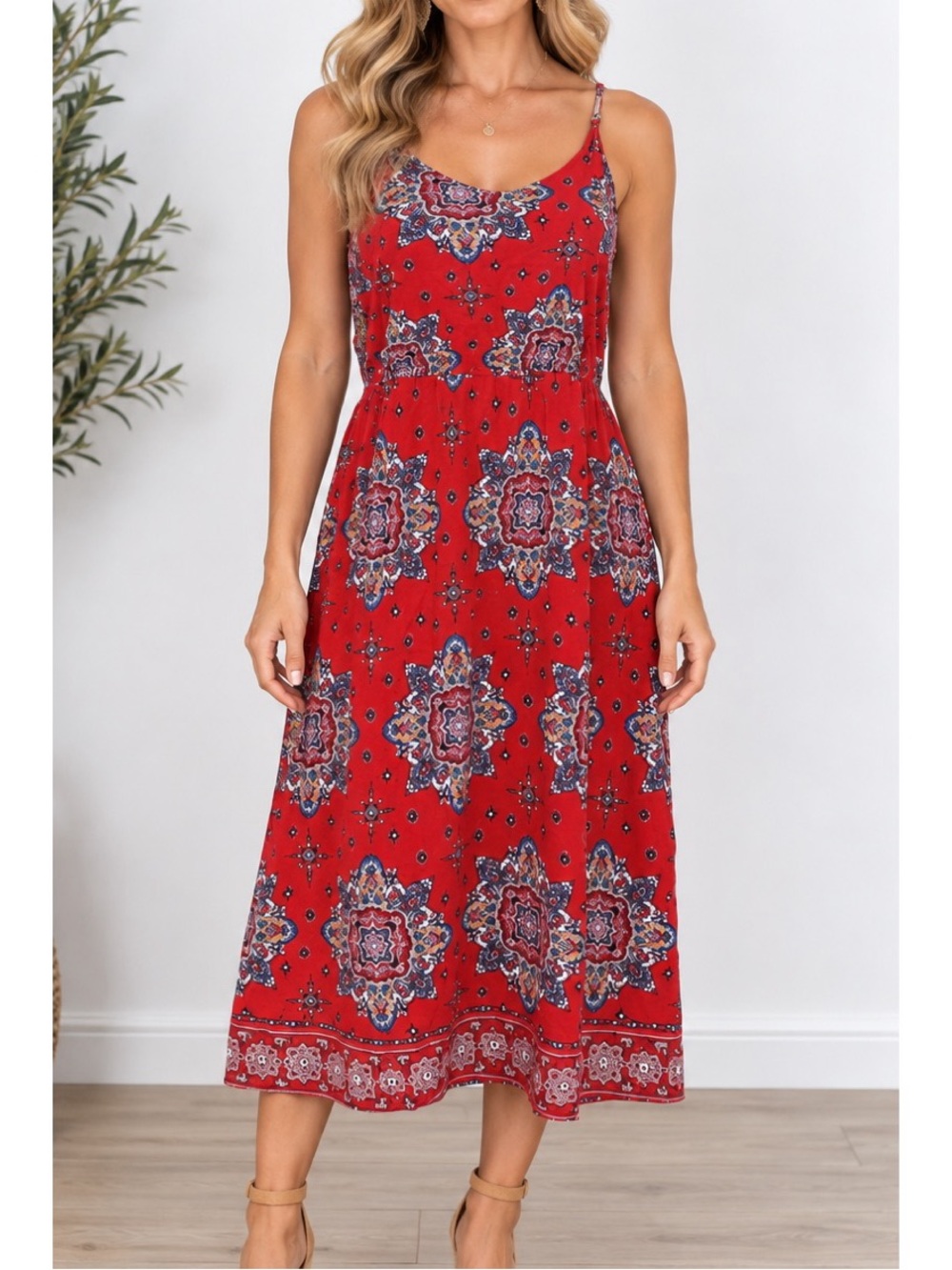 Pink Rose Midi Dress w/ colorful mandala and floral geometric print